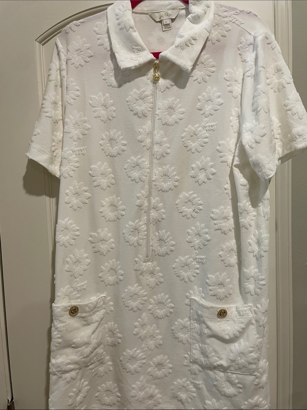 White Lilly Pulitzer Embroidered Floral Polo Zip Cover up size L